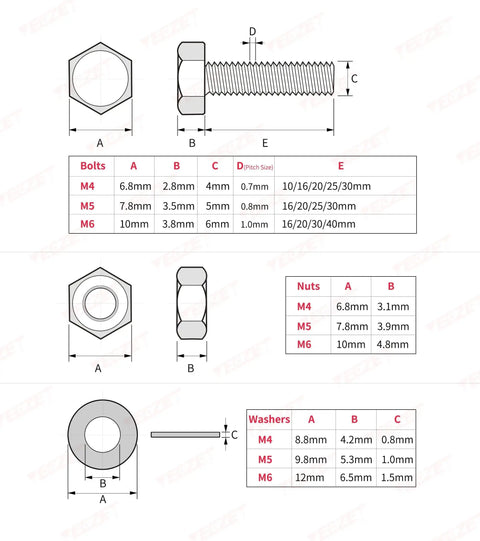 Diagram of Heavy Duty Stainless Steel Bolts And Nuts Kit 620 Pieces M4 M5 M6 304 Grade Set with dimensions and sizes chart