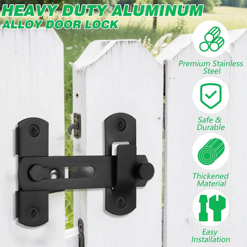 4 Pcs Barn Door Lock Sets With 180 Degree Flip Sliding Latches installed on a white wooden gate, heavy duty black gate bolts.
