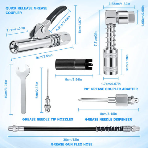 Grease Gun Fittings Accessory Kit with 90° coupler, 12in hose, needle dispenser, 2 needle tips, sleevers, zerk cleaner.