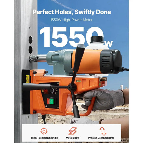 Powerful Magnetic Drill Press For Heavy Metal Drilling With 1550W Copper Motor 2922 Lbf Electromagnet shown in use on steel