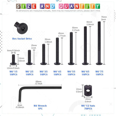 Image showing All-In-One M6 Hex Socket Cap Screws And Barrel Nuts Replacement Kit with M6 bolts from 15mm to 75mm and 70 nuts.