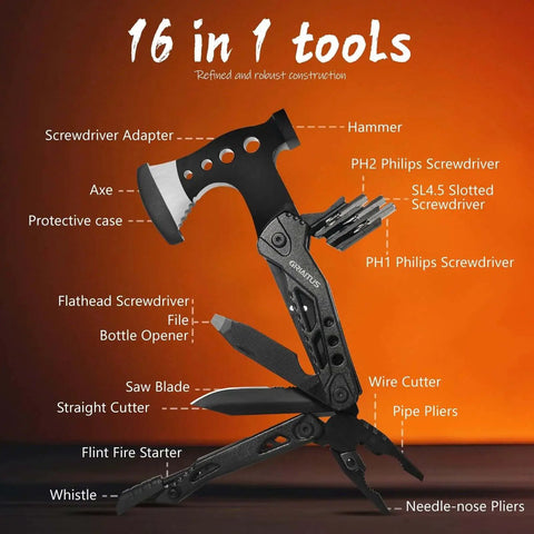 16 In 1 Camping Multitool With Axe Hammer Pliers Saw Knife Wire Cutter And Screwdrivers displayed with parts labeled on orange background