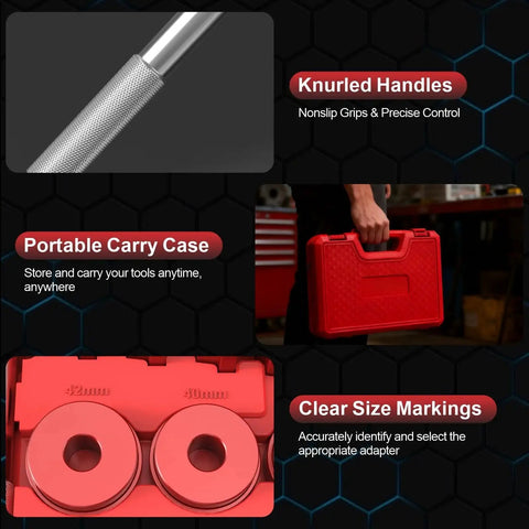 Close-up of 43 Piece Bearing Press Kit with knurled handles, portable carry case, and clear size markings for easy use.
