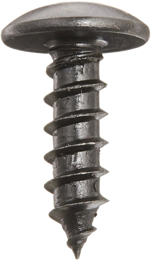 Front view of Beefy Steel Sheet Metal Screw With Black Oxide Finish Truss Head Phillips Drive Type A Point For Thin Metal And Resin Impregnated Plywood Ten To Twelve Threads Five Eighths Inch Length Pack Of One Hundred.