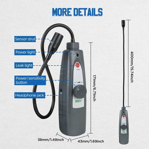 Ultrasonic Leak Detector With Headphones Included For Steam Pipes And Automotive Noise Finding 40KHz Plus Or Minus 2KHz Range Adjustable Sensitivity 420Millimeter Probe High Sensitivity Sensor showing front view with labeled parts.