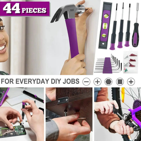 44 Piece 4V Cordless Screwdriver Tool Kit Set in Pink for Women with pliers, hammer, DIY tools for home repairs, Ladycraft
