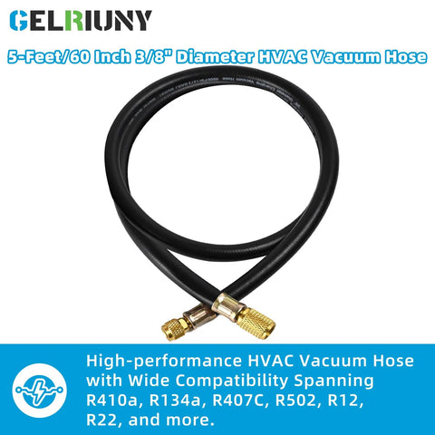 HVAC vacuum hose GELRIUNY, 5 ft, 3/8 in diameter, black hose with brass 3/8 to 1/4 in fittings