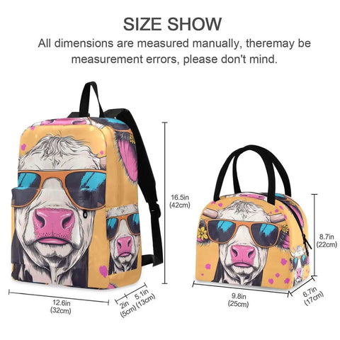 Lightweight Nylon Daypack With Insulated Lunch Box Cooler And Laptop Sleeve Fits 15.6 Inch, Scratch Resistant featuring cow design.