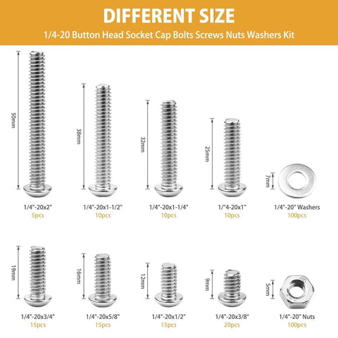 Durable 1/4-20 Hex Button Head Cap Screws Kit By VIGRUE, 304 Stainless Steel UNC bolts, washers, nuts in assorted sizes from 3/8 to 2 inches