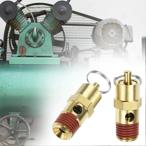 Brass Pressure Relief Valve Set For Air Compressors - 2 Pack, 1/4 Inch NPT Threaded in front of industrial equipment