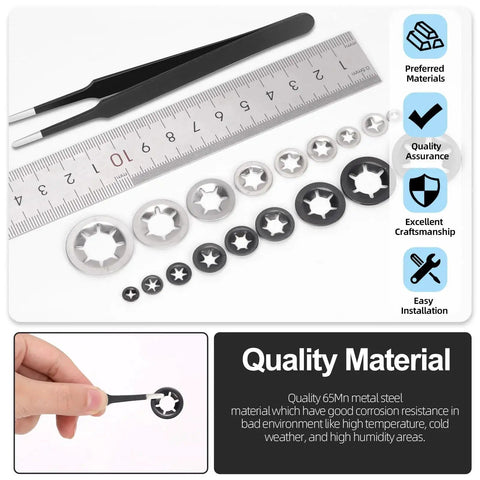Glarks 209pcs internal-tooth star lock washer set with tweezers and ruler; nine sizes, silver and black