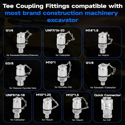 Various tee coupling fittings for excavator and construction machinery, compatible with multiple brands, close-up view, nine connectors displayed.