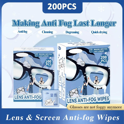 Box of Anti Fog Lens Wipes For Glasses And Screens Scratchless 200 Moistened Wipes with packaging design showing fog-free glasses