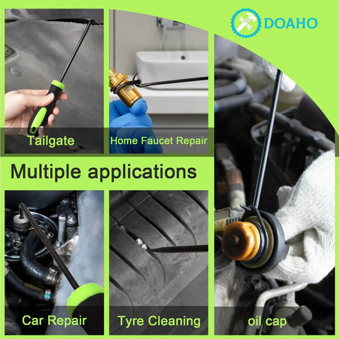 12 Piece Automotive Hook And Pick Tool Set With Long And Mini Precision Puller Remover Tools For Auto O Ring Seal And Gasket Removal In Tight Engine Bays Pro Mechanic Car Repair Essentials Doaho Tools displayed in various applications including car and home repairs.