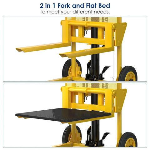 Yellow 2-in-1 hydraulic material lift by Amazon with fork tines and flatbed platform.