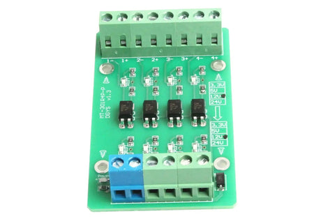 Pro Grade Four Channel Optocoupler Isolator Module with Level Shifter for PLC Signals, PNP NPN to PNP Converter, with LED indicators.