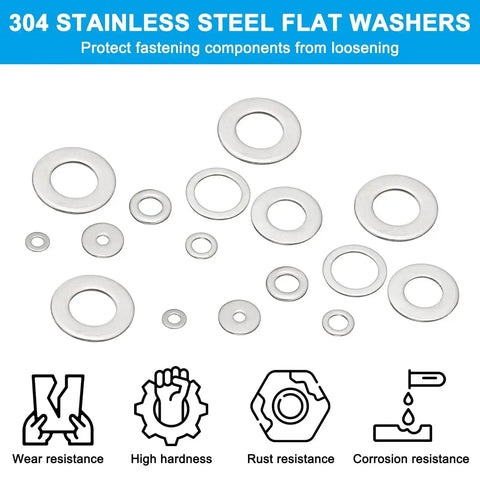 304 Stainless Steel Fender Washers Set, 10 Pack, Flat Washers 3/4 Inch ID X 1 1/3 Inch OD X 0.12 Inch Thick, various sizes displayed