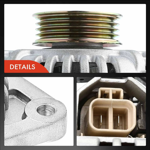 Close-up of Replacement Alternator For Mazda Protege And Protege5 1999 2000 2003 12V 80A with 4 Groove Pulley and electrical connector