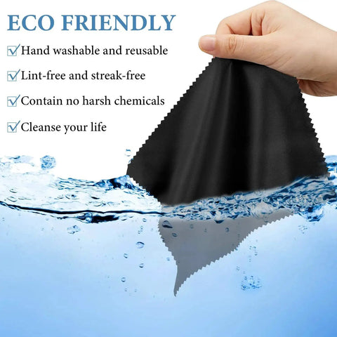 Microfiber Cleaning Cloths For Glasses And Screens 50 Pack 6x7 Inches, black cloth in hand over water splash illustration