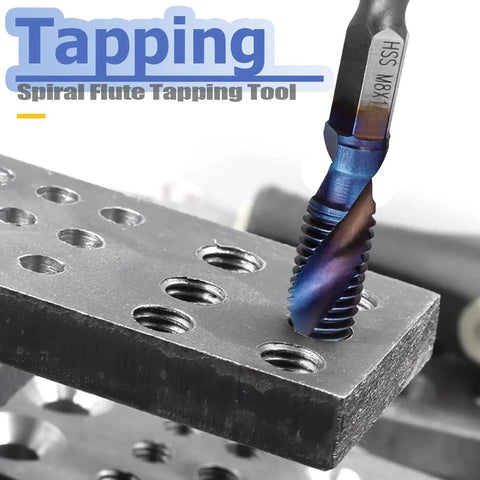 Close-up of Six Piece HSS Tap Drill Bit in metal, M8 x 1.25 size, blue-coated, hex shank, for metal, wood, plastic.