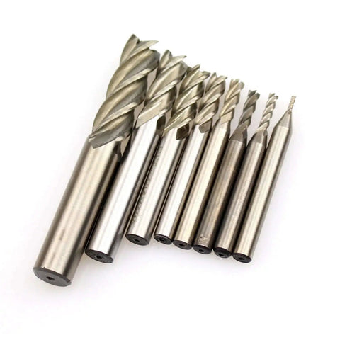 HSS End Mill Set One Sixteenth To One Half Inch Four Flute Straight Shank Square Nose Cutter Eight Piece Pro Grade For Aluminum Copper Cast Iron Plastics Wood High Abrasion Resistance Precise Finish Includes Full Range Of Sizes