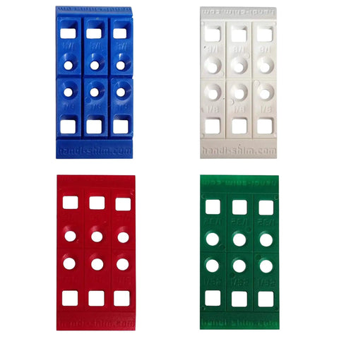Heavy Duty Reusable Plastic Construction Shims For Spacing And Leveling, 40 Piece Assorted Pack In Four Sizes One Thirty Second Inch One Sixteenth Inch One Eighth Inch One Quarter Inch Ideal For Deep Applications Handi Shim shown in four colors and sizes.