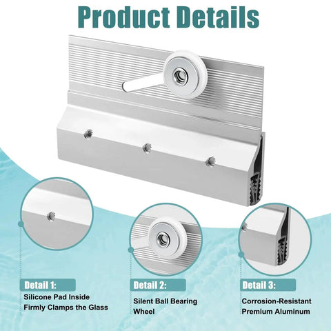 Four Pack Frameless Shower Door Roller Top Bracket Assembly Three Quarter Inch Round Wheel With Ball Bearings Extruded Aluminum Chrome Finish Replacement Hardware Kit For Glass Sliding Doors showing details of silicone pad, ball bearing wheel, and corrosion-resistant aluminum.