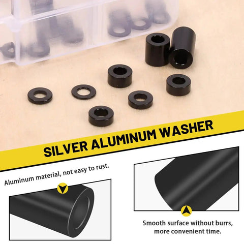 Close-up of 65 Piece Round Black Aluminum Spacers Kit With 8 Sizes Inner Diameter 3.1 mm Outer Diameter 6 mm Standoff Column Spacers