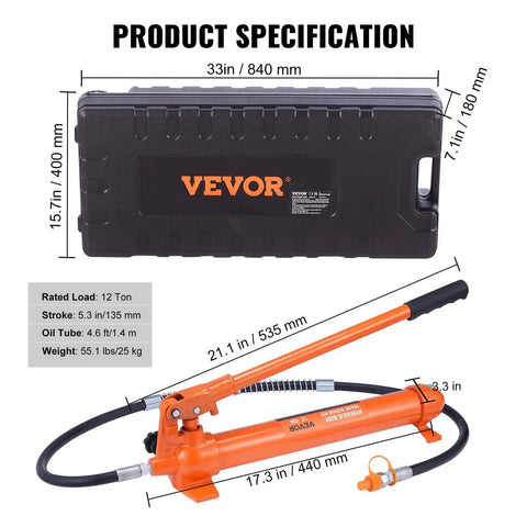 12 Ton Porta Power Kit With Hydraulic Ram And Pump 4.6 Ft Oil Hose Portable shown with carry case and specifications