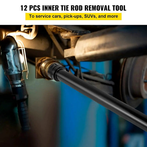 Inner Tie Rod Removal Tool Kit 13 Piece Set with Crowfoot Adapters for Vehicles shown in use on car suspension