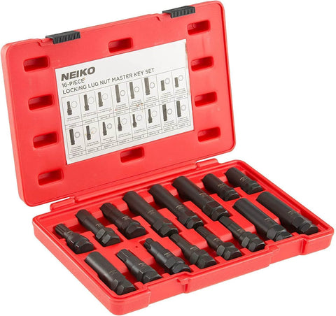 16 Piece Lug Nut Key Set And Wheel Lock Removal Tool Kit for aftermarket and factory wheels in a red case, SAE and metric sizes