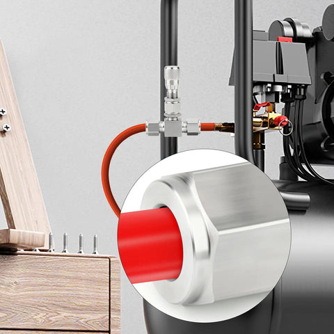 Inline 304 stainless steel needle valve with 1/4 in OD tubing and 3 mm port; knurled adjuster, red hose.