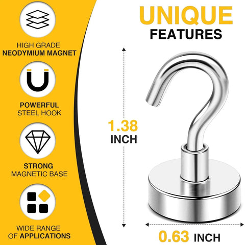 Diagram showing dimensions and features of 10 Pack Magnetic Hooks 30lb Heavy Duty N52 Magnets for various iron surfaces.
