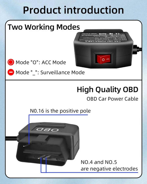 Two modes OBD2 to Micro USB power cable with switch for dash camera, details on connectors and positive electrodes.