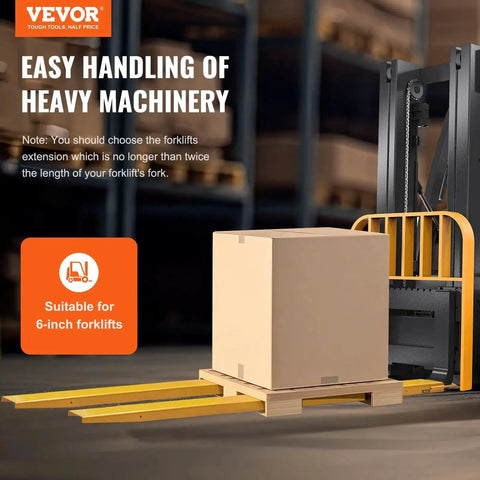 Forklift with 96 Inch Fork Extensions Six And Half Inch Wide Heavy Duty Pallet Fork Extenders lifting box in warehouse.
