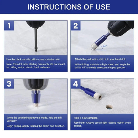 Instructional guide for using Six Piece Diamond Drill Bit Set For Porcelain Tile Ceramic Glass Granite Concrete