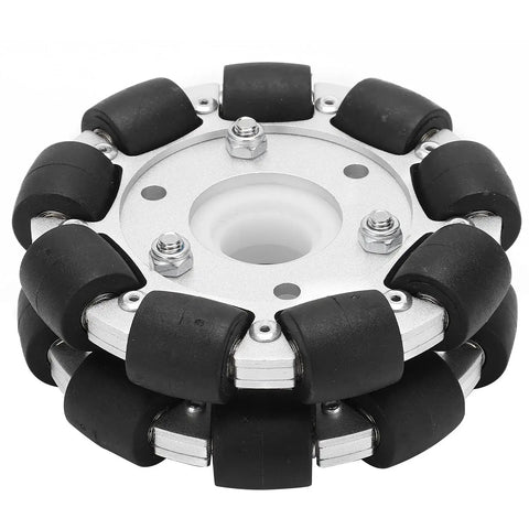 Durable 100mm aluminum omni directional wheel with rubber rollers for 30kg load capacity in robotic kit 14054, front view.