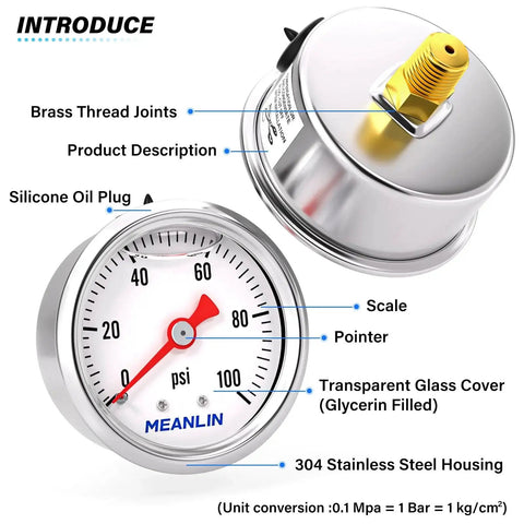 Stainless Steel Liquid Filled Pressure Gauge With 1.5 Inch Dial Face 0 To 100 Psi 1/8 Inch NPT Back Mount Glycerin Filled