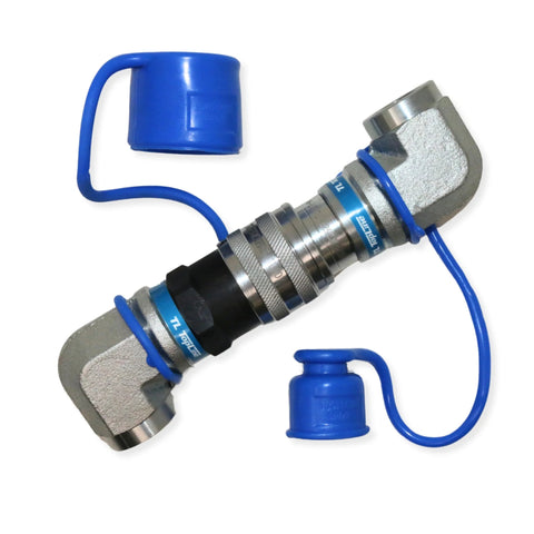 TL107 1/2 in hydraulic quick-connect coupler with 90° elbow, metal body, blue dust caps