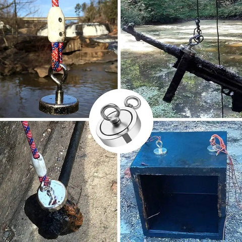 1725LB Heavy Duty Magnet Fishing Kit With Double Sided N52 Neodymium Magnets in use retrieving metal objects from water and mud