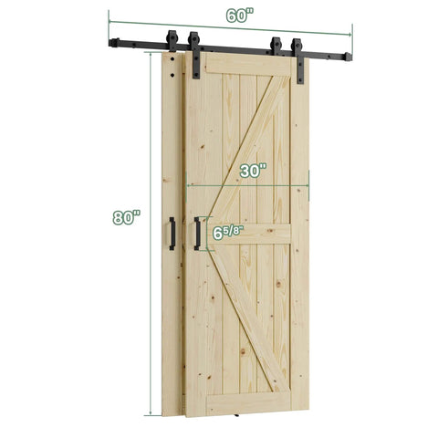 Front view of Double 30x80 Inch Solid Wood Barn Door Kit With Bypass Sliding Hardware For 51x80 Inch Opening, Unfinished Surface Ready To Stain.