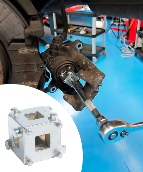 Brake Caliper Piston Tool for Rear Disc Brakes in use with ratchet, durable steel wind back cube piston compressor, 3/8-inch size