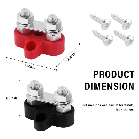 2 Pack Battery Terminal Distribution Block With M8 Dual Studs Bus Bar Terminal Block dimensions and included screws