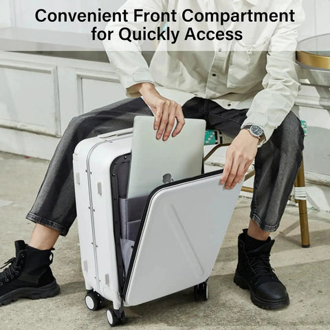 Person using 20 Inch Carry On Luggage With Front Pocket And Front Opening Design Aluminum Hardside Spinner Wheels TSA Lock Airline Approved