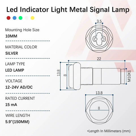 Technical diagram of Five Pack LED Indicator Lights 12V to 24V Waterproof IP65 Metal Signal Lamps with 10mm Mounting Hole and 150mm Wires.