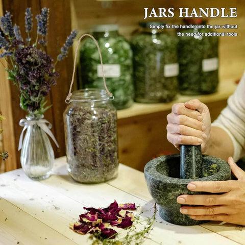 5 Pcs Metal Jar Handles And Wire Hangers For Mason Jars With Universal Hemp Rope in a rustic kitchen setting