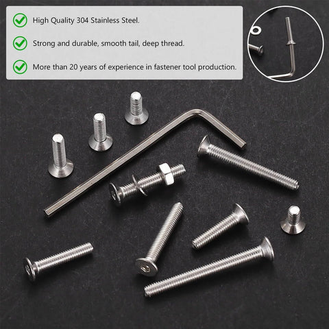 Ultimate 810 Piece M3 Screws Set With 304 Stainless Steel Flat Head Hex Socket Cap Screws shown with hex wrench on black background.