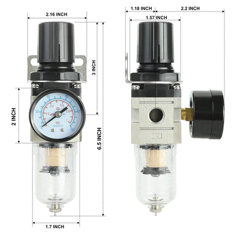 Hromee 1/4 in air compressor filter regulator combo with pressure gauge, ball valve, manual drain and bracket AW2000-02