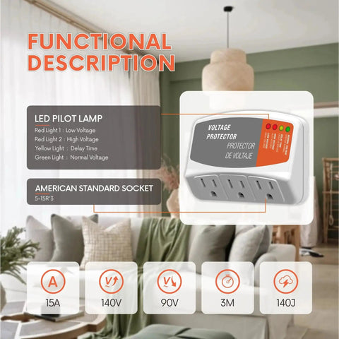 Three Outlet Refrigerator Surge Protector Wall Plug With Automatic Voltage Protection For Fridge AC And Washer 1800W 120V 15A indoors