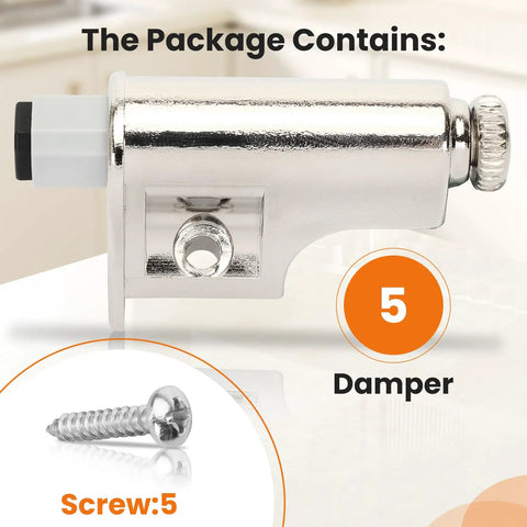 Close-up of 5 Pcs Soft Close Damper For Cabinet Doors And Wardrobe Doors, Adjustable Hydraulic Buffer, shown with included screws.
